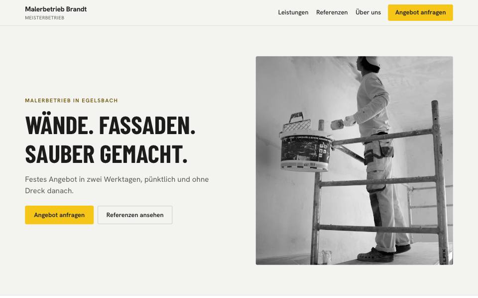 Beispielseite eines Malerbetriebs mit Telefon-Button und Leistungen
