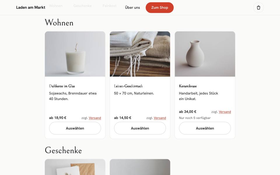 Produkte im Online-Shop der Beispielseite Laden am Computer