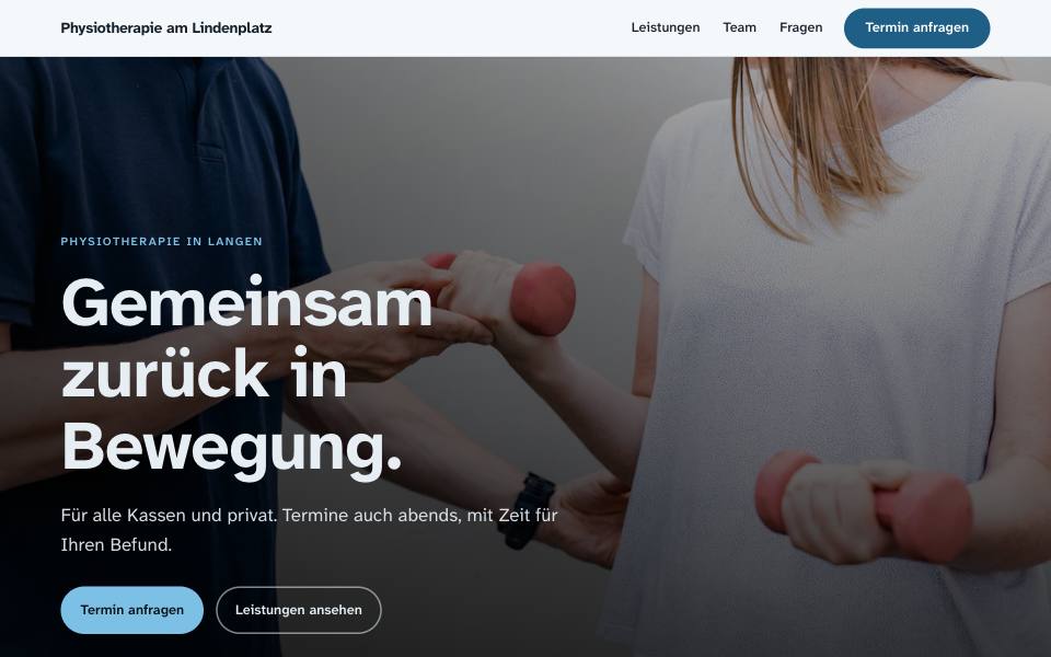 Beispielseite einer Physiopraxis mit Leistungen und Termin-Button